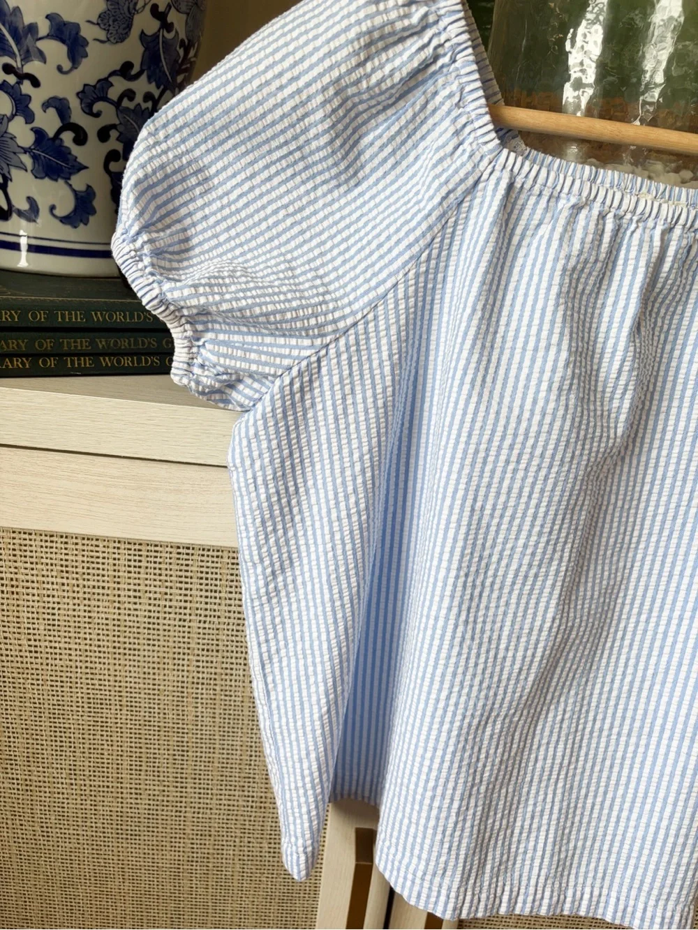 Crewcuts Light Blue SeerSucker Striped Puff-Sleeve Top-00C